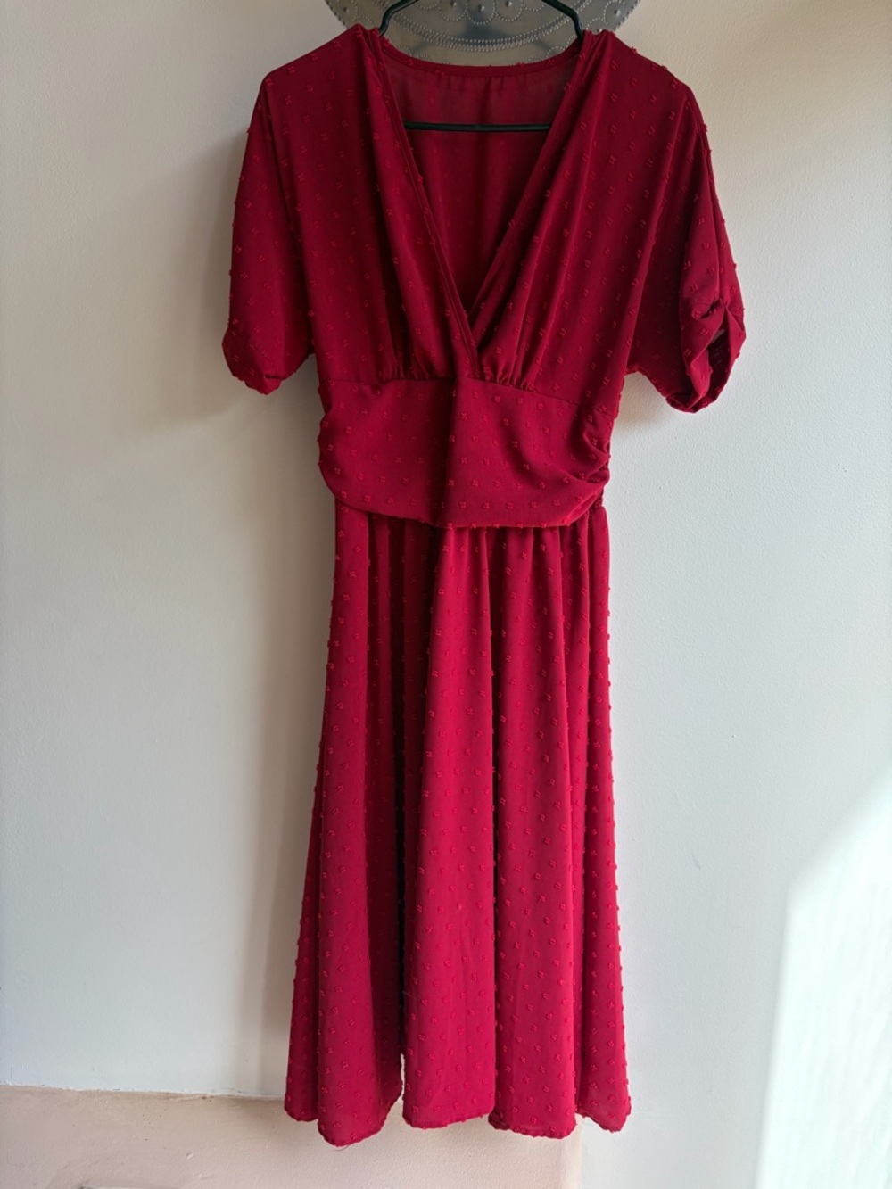 Women's Deep Red V-Neck Midi Dress